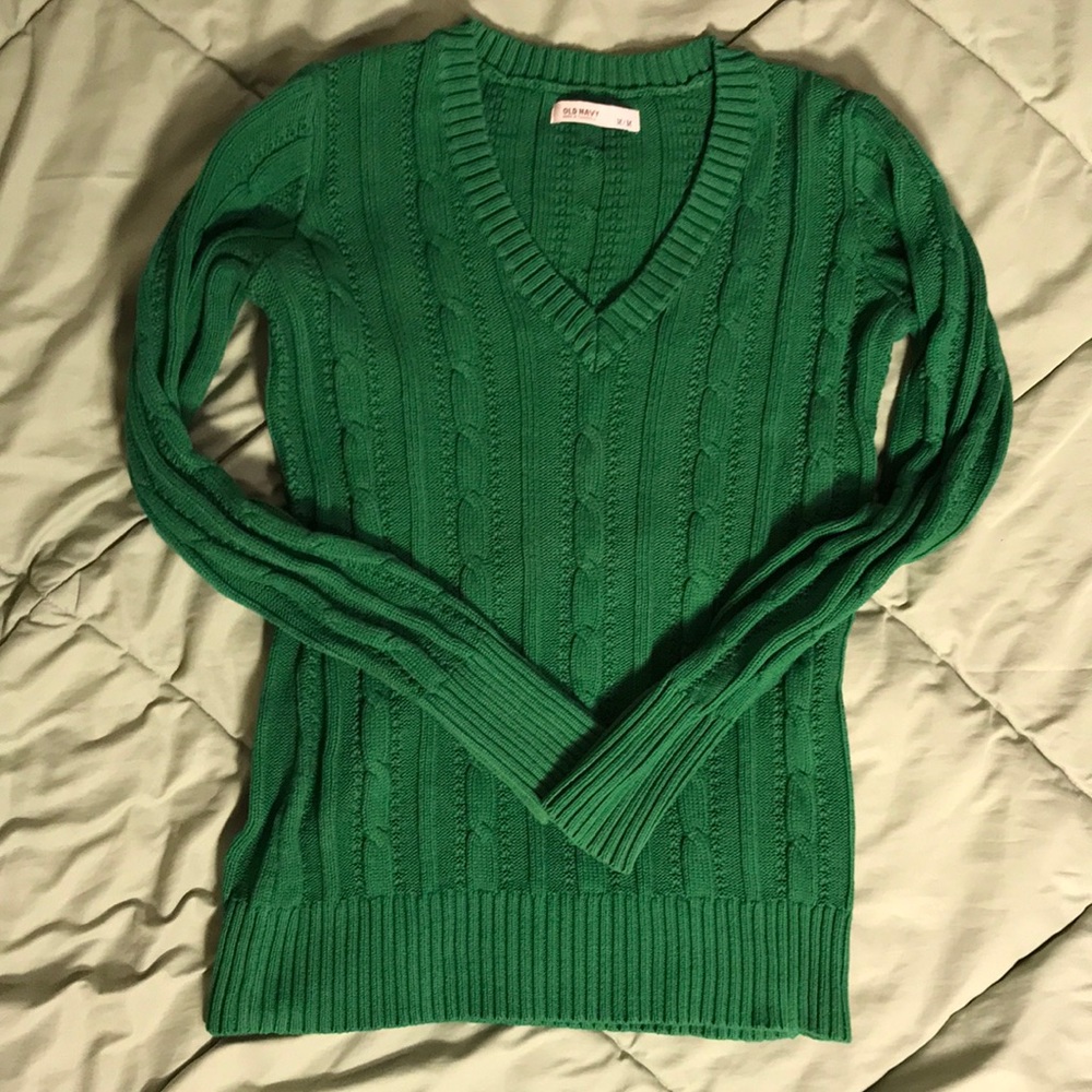 Green V-Neck Knit Sweater